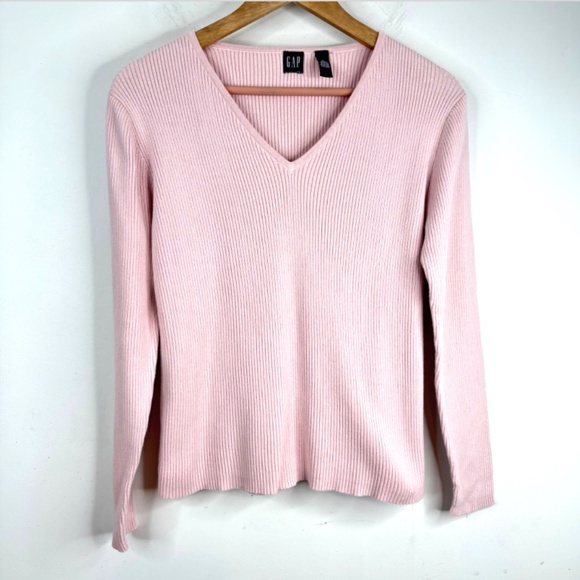 Vintage Gap Sweater L Ribbed V Neck Pink Long Sleeve 90s Y2K Preppy Minimalist - Picture 8 of 8